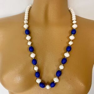 Vintage Lucite Necklace Blue White Gold Beads Chunky Beaded ￼￼24“